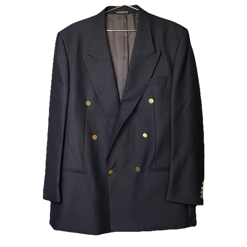 Hyde Park Men's Navy Wool Twill Double-Breasted Blazer 44 Long Peak Lapel